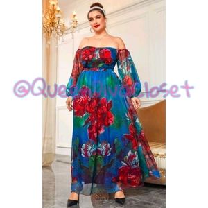 Goddess Blue red rose floral bustier off shoulder long sleeve maxi dress 0X